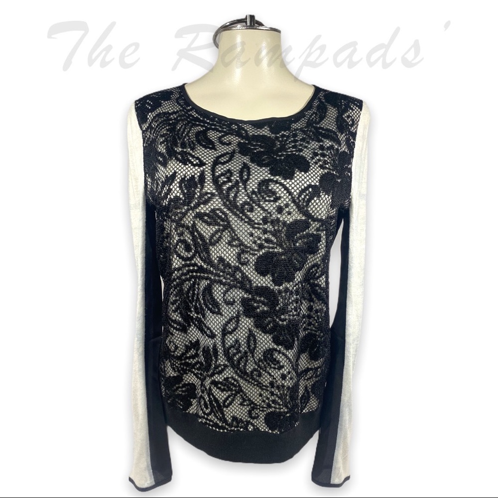 Ann Taylor Black Lace White Sleeve Long-sleeve Blouse Size Small
